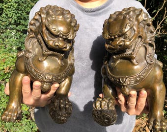 Pair of Brass Guardian Lion Statues,Chinese Foo Dogs, Feng Shui Protector Lions, Temple Entrance Decor, Imperial Fu Dog Sculptures