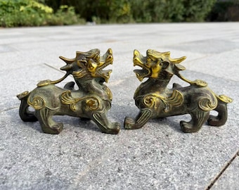 Vintage Gilded Brass Pixiu Pair, Chinese Feng Shui Pi Yao Statues, Wealth Guardian Beasts, Antique Style Lucky Home Decor