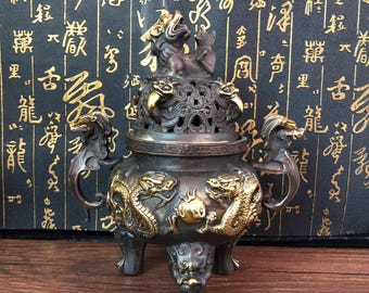 Antique Bronze Copper gilded craft Chinese Dragon relief pattern Incense Burner censer Foo Dog Lion Lid Home Decoration,