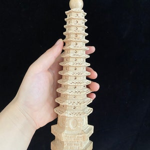 Chinese wood Wenchang Tower Stupa Pagoda, Exorcise evil spirits Talisman Feng shui Decor multi-layered office desk decoration ornaments Zen