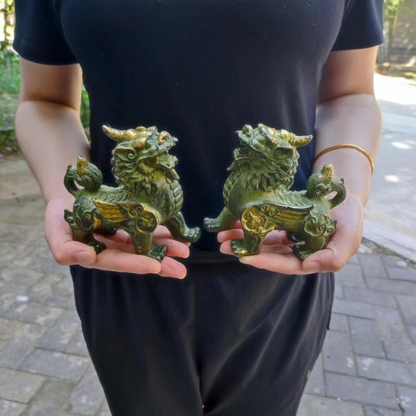 M209 Ancient China bronze  Fengshui Animal Pixiu Beast Wealth Bixie Statue Pair, Old Chinese Copper Exorcise Evil Spirits brave troops Kylin