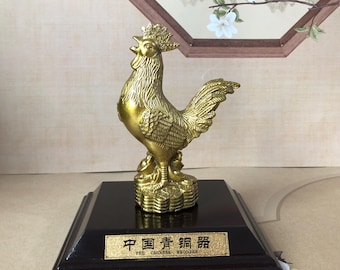 Brass Golden Rooster Statue,Zodiac Rooster Feng Shui Ornament, Wealth Coin Rooster Figurine, Home Office Decor, Auspicious Chicken Sculpture
