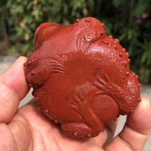 May include: A reddish-brown, carved stone frog figurine. The frog has a textured surface with small bumps and detailed features. The figurine is held in a hand, with a blurred green background.