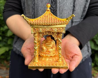 Laughing Buddha Statue in  Pavilion Shrine, Maitreya Buddha with Dragon Pillars, Feng Shui Wealth & Happiness Ornament, Home Altar Decor