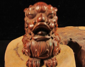 Vintage Folk boxwood hand carved Asian lion  statue foo-dog figurine guardian animal Table decor tea ceremony zen meditation Pixiu Amulet