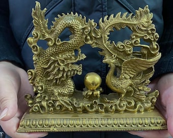 Vintage style Feng Shui Dragon and Phoenix Statue Fgurine Decoration , Love Marriage Prosperity and Protection Copper Dragon Play Beeds