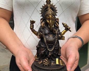 Brass Ganesha Statue, Four-Armed Lord Ganesh Sculpture, Hindu God of Wisdom & Remover of Obstacles, Altar Decor, Spiritual Collectible