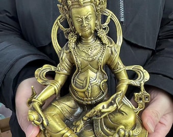 Tibetaans Nepalees Tantra-boeddhabeeld Messing Geel Jambhala-beeldhouwwerk God van rijkdom Oosters-boeddhistisch meditatie-heiligdom bidden aanbiddend idool