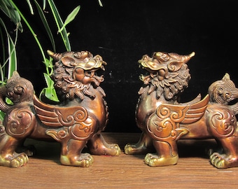 Pair of Feng Shui Pi Yao/Pi Xiu for Wealth Good Luck Figurine, Winged Mythical beasts Collectible  Copper brave troops, shop opening gifts