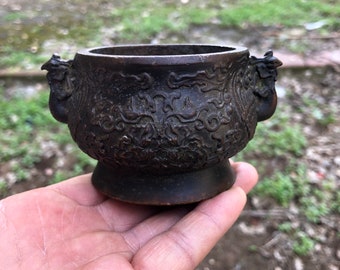 Vintage Style copper bronze double phoenix ear embossed Auspicious patterns censer incense burner ash catcher incense holder