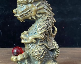 Copper Dragon Statue Brass zodiac dragon good luck Figurine Home Office Desk Feng Shui Decor Royal Golden Loong Halloween Feng Shui Cure T65