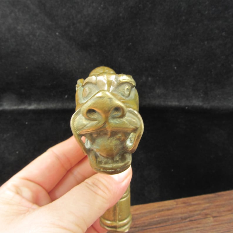 May include: A bronze-colored dragon head sculpture, featuring detailed facial features and a textured surface. The dragon's open mouth and expressive eyes are prominent. The sculpture is held in a hand, showcasing its size and craftsmanship.