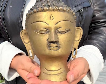 Vintage Brass Buddha Head Statue, Shakyamuni Buddha Head Figurine, Tibetan Buddhism Sculpture, Meditation Altar Spiritual Home Decor