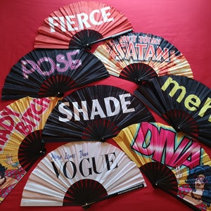 Drag Queen Large 24" Diameter Statement Bamboo / Polyester Fabric Hand Fan.