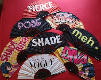 Drag Queen Large 24" Diameter Statement Bamboo / Polyester Fabric Hand Fan. Purchase 2 or more of any fan and receive a PRIDE Fan FREE!