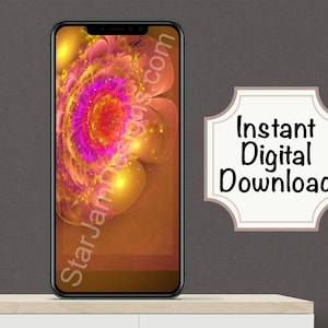 May include: A smartphone displays a vibrant digital art image of a flower with pink, yellow, and orange hues. The phone is on a white surface, with a sign that says "Instant Digital Download". The image is a digital download.