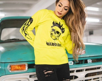 Neon Hardcore Skull Long Sleeve Rave Hoodie - EDM Music Festival Pullover