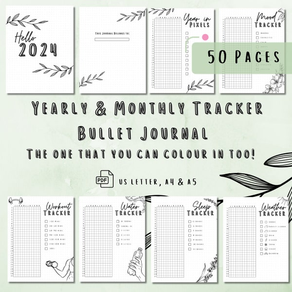 2024 Digital Bullet Journal Planner | Premade Journal Planner | Habit tracker | Mood tracker | Monthly spread | Biko Inspired | Colour In