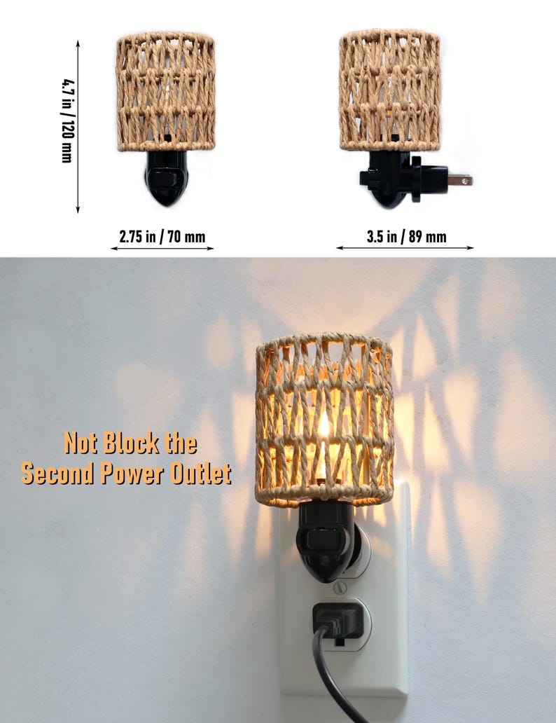 Boho Night Light Plug in - Rattan Lamp Shade, 0.5W Replaceable LED Bulb & On/Off switch image 5