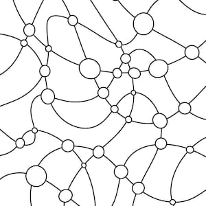 May include: Abstract black and white artwork showing a network of interconnected circles and curved lines. The design has a complex, organic feel, with varying sizes of circles and flowing lines creating a dynamic pattern.