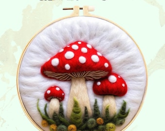 2d Needle Felting Kit Red and White Mushroom Wool Painting Kit Adult Beginner Friendly Toadstool Needle Felting Craft Merino Wool 20cm Hoop