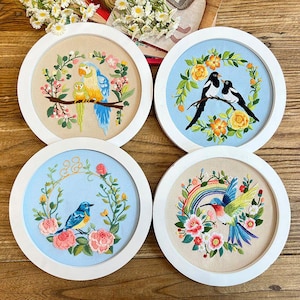 Kit de broderie oiseaux et fleurs exotiques, kit de broderie florale pour adultes. Excellent cadeau artisanal