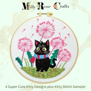 Cute Kittens Embroidery Kit Black and White Kitty Cat Embroidery Beginner Adult Easy Instructions Stamped Embroidery Threads Cloth Hoop