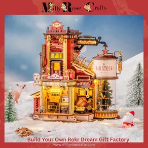 Rokr Dream Gift Factory 3d Wood Puzzle Music Box Kit Christmas Village Scene Kit Adults 14+ Puzzle with LED Light & Music Executive Toy Gift