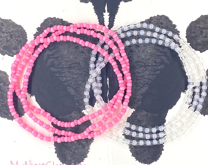 Carnation Pink & Frosted Crystal Glass Seed Bead Wraps - Set of 2; Bracelets, Necklaces or Anklets - Handcrafted