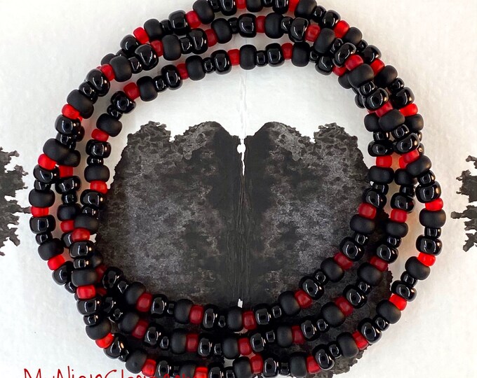 Black & Red Glass Seed Bead Wrap; Bracelet, Necklace, or Anklet - Handcrafted
