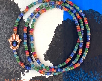 Frosted Rainbow Glass Seed Bead Wrap; Bracelet, Necklace, or Anklet - with Hamsa - Handcrafted