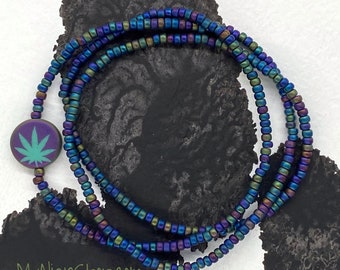 Frosted Black Rainbow Glass Seed Bead Wrap; Bracelet, Necklace, or Anklet - with Pot Leaf Coin Accent Bead - Handcrafted