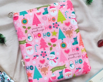 Christmas Book Sleeve with Zipper | Pink Christmas Sleeve | Christmas Kindle Sleeve | Gift under 20 | Gift for her