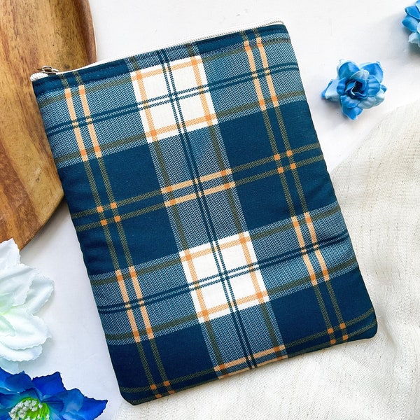 Plaid Book sleeve with Zipper | Blue Plaid Ipad sleeve | Gift for her | Gift for him | Gift under 20