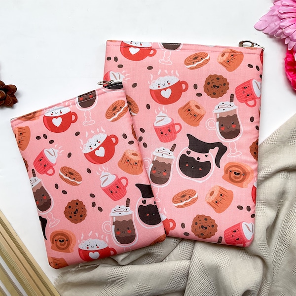 Kawaii Book sleeve with Zipper | Coffee and cakes Sleeve | Coffee iPad Book sleeve | Gift under 20