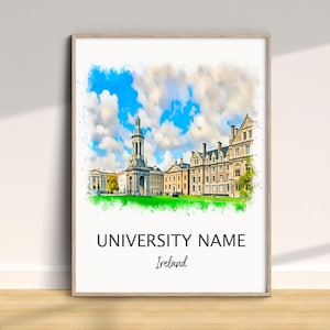 May include: Watercolor print of a university building with a tall tower, set against a blue sky with fluffy clouds. The print is framed and includes the text "UNIVERSITY NAME" and "Ireland". The artwork is displayed on a wooden floor.
