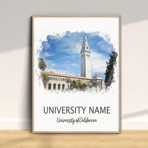 May include: Framed watercolor print featuring a university building with a tall clock tower against a blue sky. The print includes the text "UNIVERSITY NAME" and "University of California" in a decorative font.