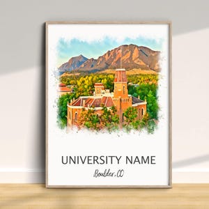 May include: Watercolor print of a university building with a tall tower, set against a backdrop of mountains and trees. The print is framed and features the text "UNIVERSITY NAME" and "Boulder.CO".