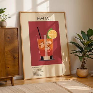 Wydruk artystyczny Mai Tai, plakat artystyczny z koktajlami, plakat retro z drinkami minimalistyczny, sztuka ścienna z koktajlami, dekoracja artystyczna baru, sztuka ścienna do kuchni