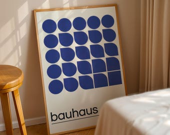 Blå cirkel fyrkantig Bauhaus-affisch, Bauhaus-ausställning utställningskonst, geometriskt tryck, minimalistisk väggdekor, modern väggkonst för mitten av århundradet