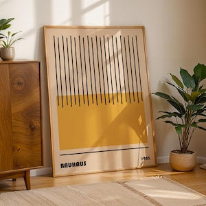 Estampado de rayas Bauhaus, póster Bauhaus amarillo, arte moderno de mediados de siglo, lámina de arte geométrico, decoración de pared minimalista, arte de pared para sala de estar