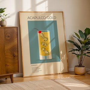 Acapulco Gold Cocktail Art Print, plakat ze sztuką koktajlową, plakat z drinkiem retro minimalistyczny, sztuka ścienna z koktajlem, dekoracja sztuki barowej, sztuka ścienna do kuchni