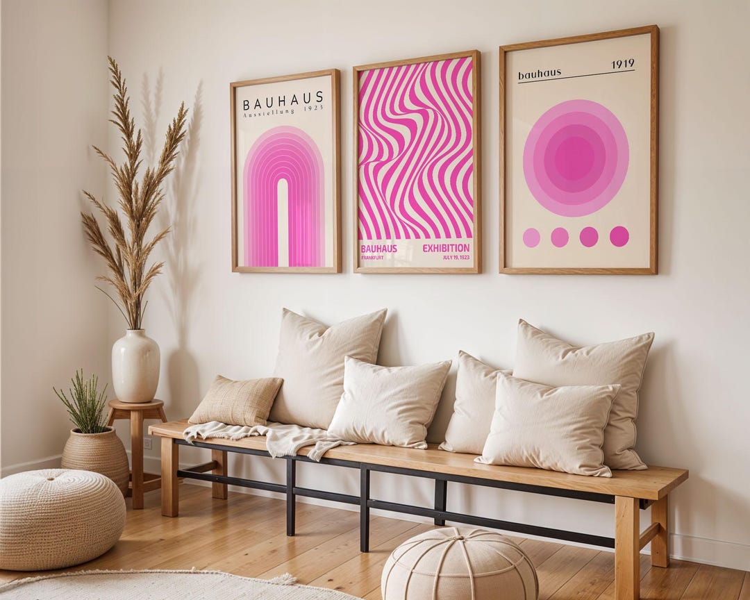 Pink Bauhaus Set of 3 Wall Art, Bauhaus Ausstellung Exhibition Art ...