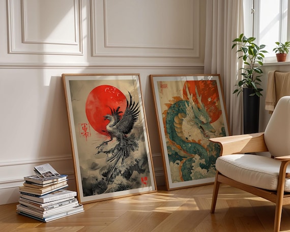 Set of 2 Phoenix and Dragon Print, Vintage Japanese Art, Japanese