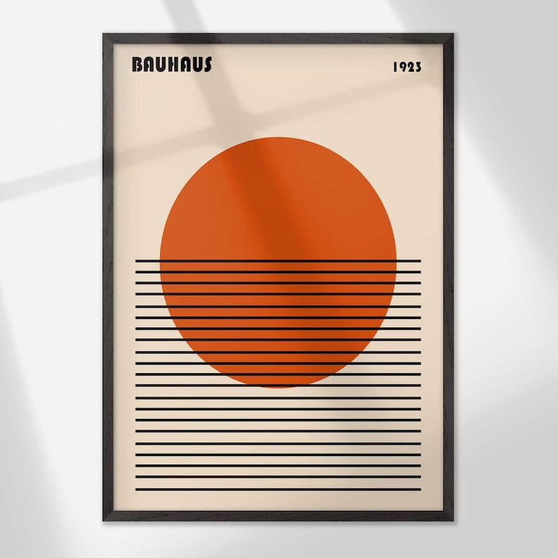 The image is a framed poster featuring a minimalist design with a large orange circle and horizontal black lines.