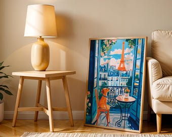 Paris Cafe Scene Poster, Eiffel Tower View Print, Goldendoodles Poster, French Bistro Painting, Travel Art, Kitchen and Dining Room Decor