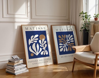 Matisse 2er-Set Poster, Blaue Henri Matisse Wandkunst, Boho Wanddekoration, Papiers Découpés, Mid Century Modern, Museumsausstellung Kunstdruck