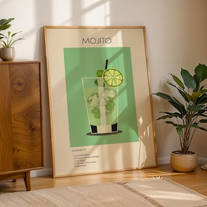 Mojito Cocktail Art Print, plakat ze sztuką koktajlową, plakat z drinkiem retro minimalistyczny, sztuka ścienna z koktajlem, dekoracja sztuki barowej, sztuka ścienna do kuchni