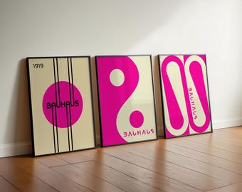 Juego de pósteres Bauhaus rosas, impresiones geométricas modernas, decoración de pared moderna de mediados de siglo, pósteres de la exposición Bauhaus, juego de 3 pósteres Bauhaus, pared de galería