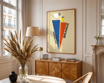Bauhaus Exhibition Poster, Triangle Print, Mid Century Modern Print, Geometric Wall Art, Retro Orange Blue Decor, Modern Abstract Art